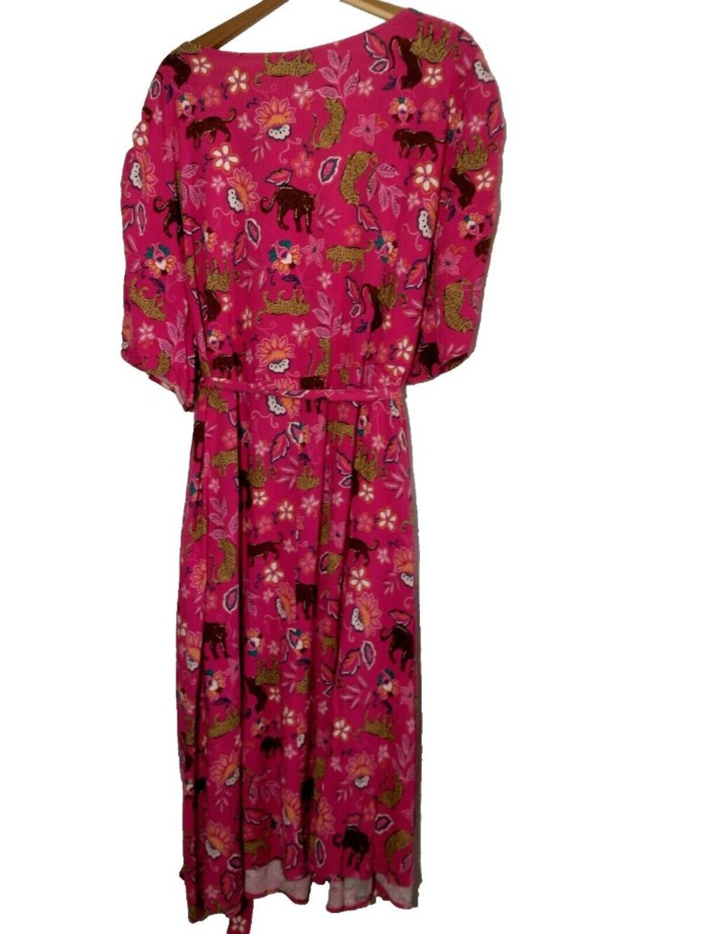 Torrid Size 5 Plus Size Pink Leopard Dress Rouched Short Sleeve Midi Belted Cat - Picture 2 of 16